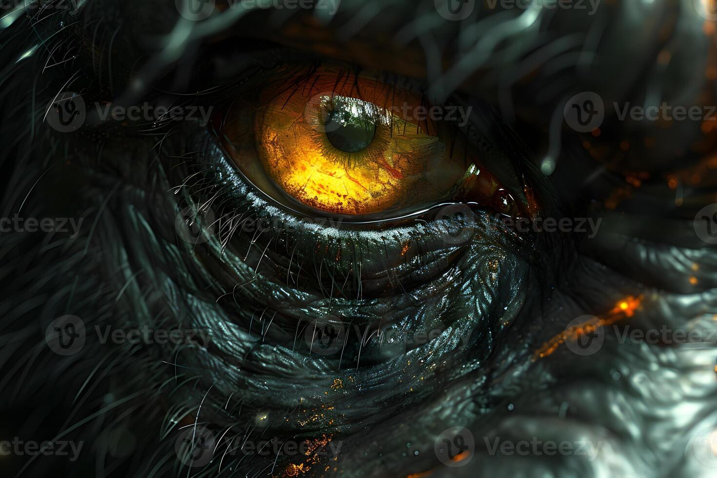 Intense Close-up of a Fierce Golden Eye in a Dark Creature's Face - Perfect for Fantasy, Horror, or Sci-Fi Design photo