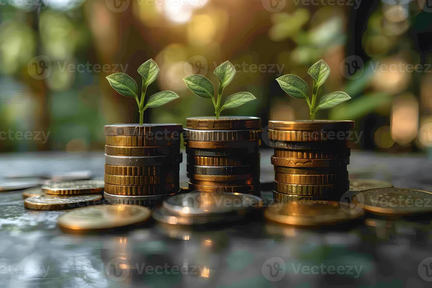 Financial Growth Concept Stacks of Coins with Growing Plants for Investment and Savings Advertising photo