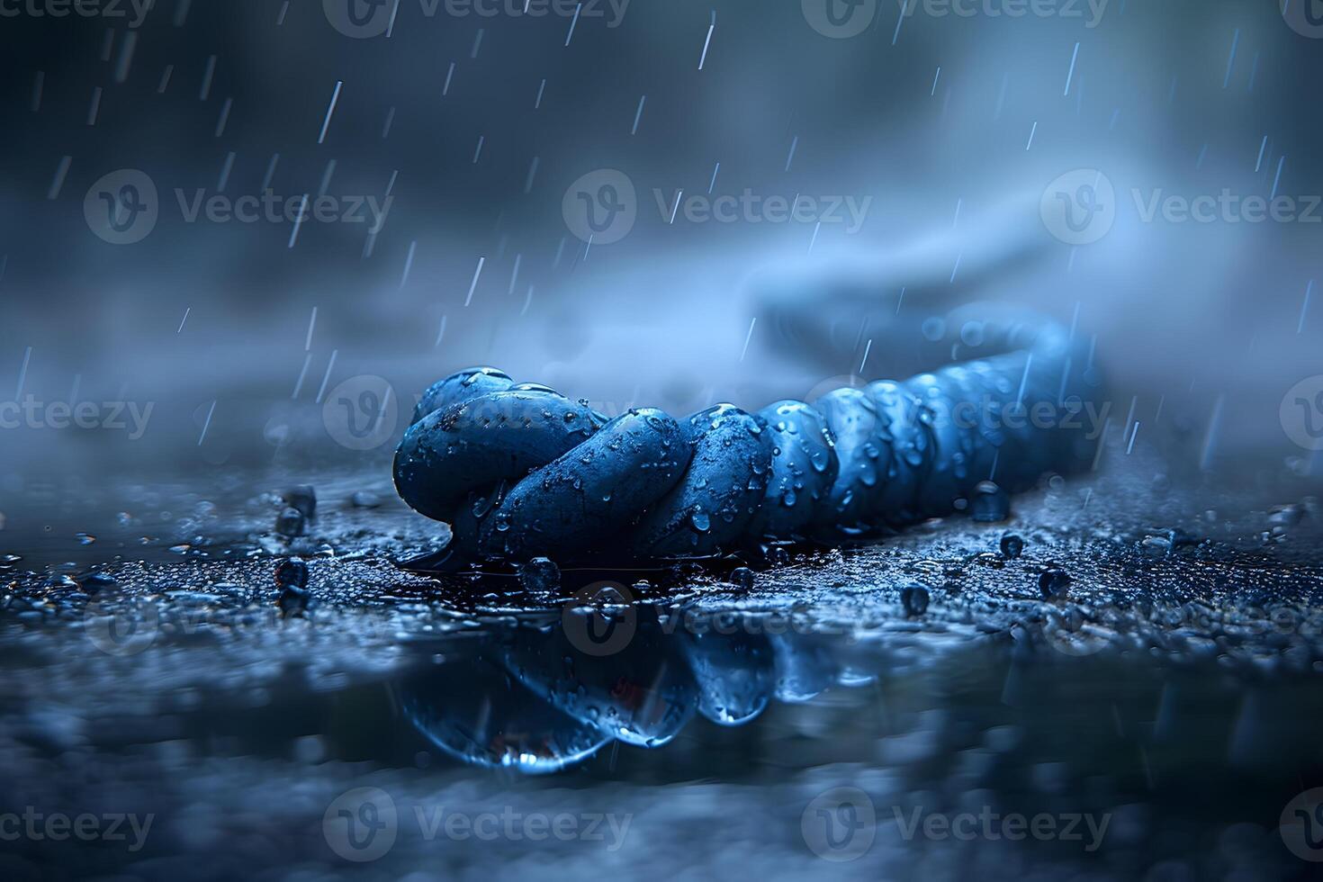 Abstract Coiled Object in Rain with Water Droplets on Reflective Surface - Perfect for Artistic Posters and Backgrounds photo