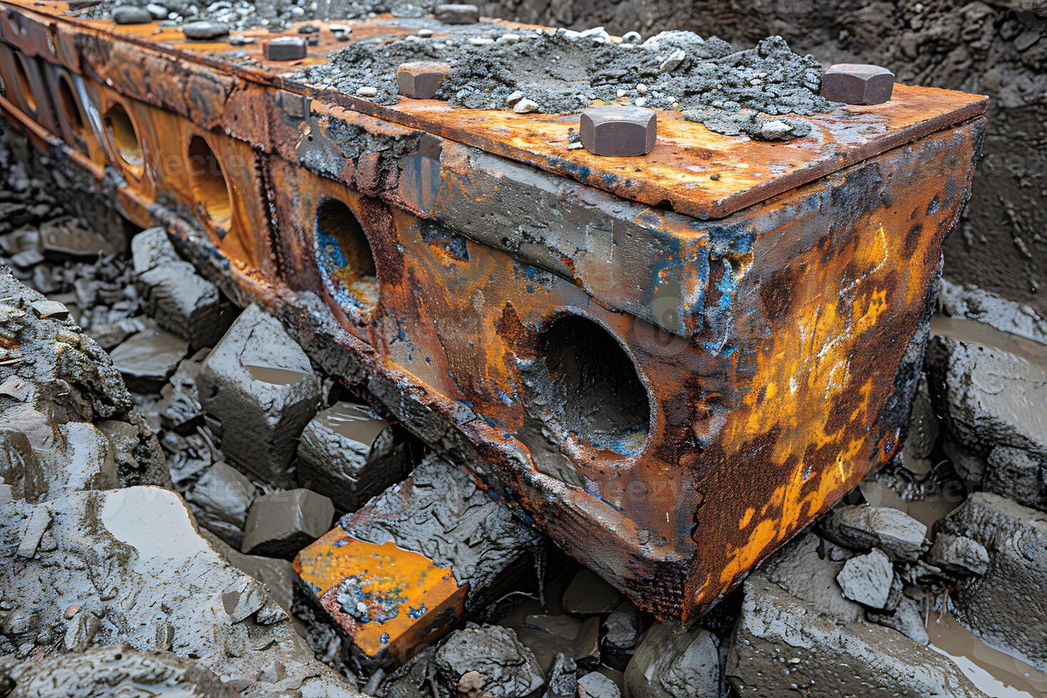 Rusty Industrial Equipment in Muddy Construction Site for Heavy Machinery and Urban Development Projects photo