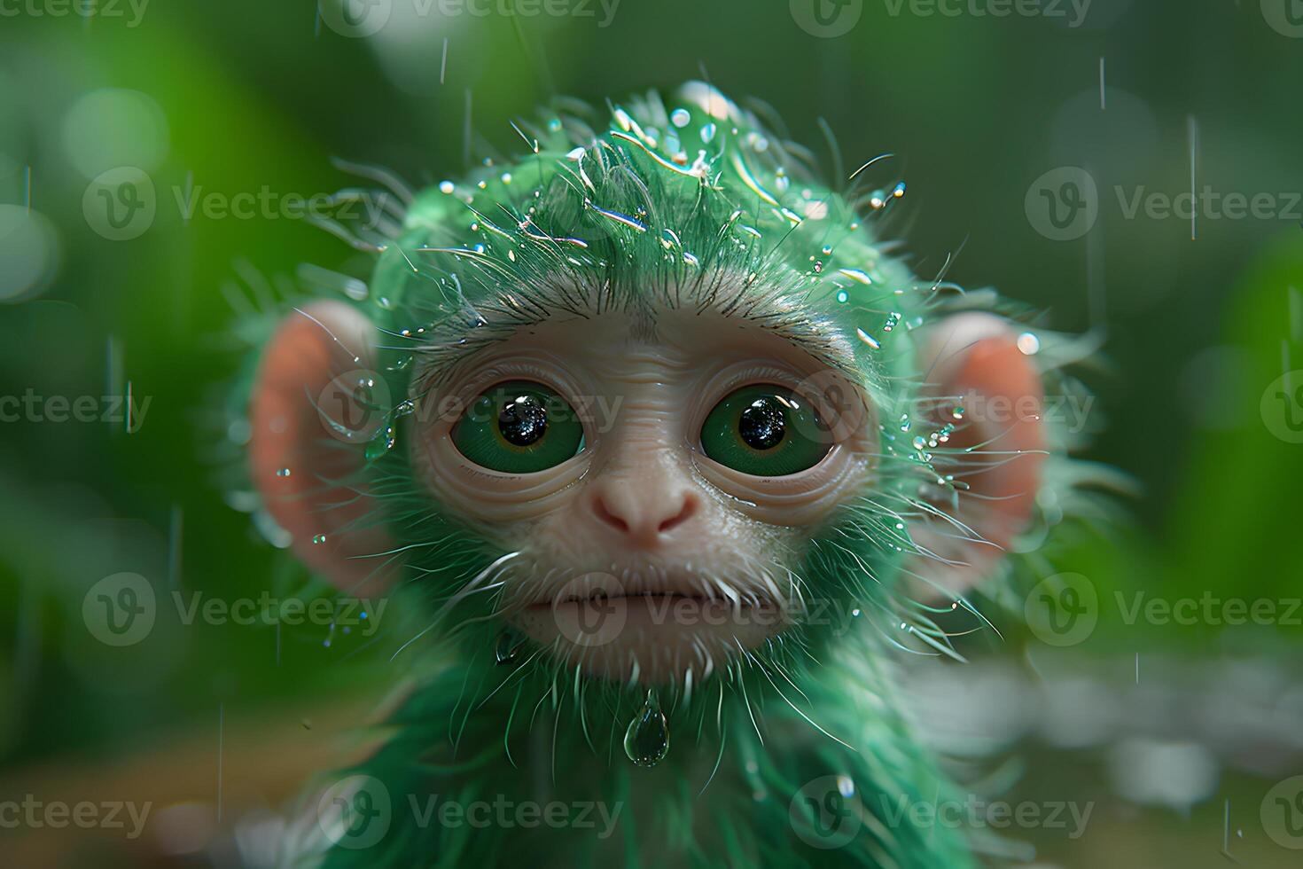 Adorable Green Furry Creature in Rainforest Environment - Nature, Wildlife, Rain, Close-up photo
