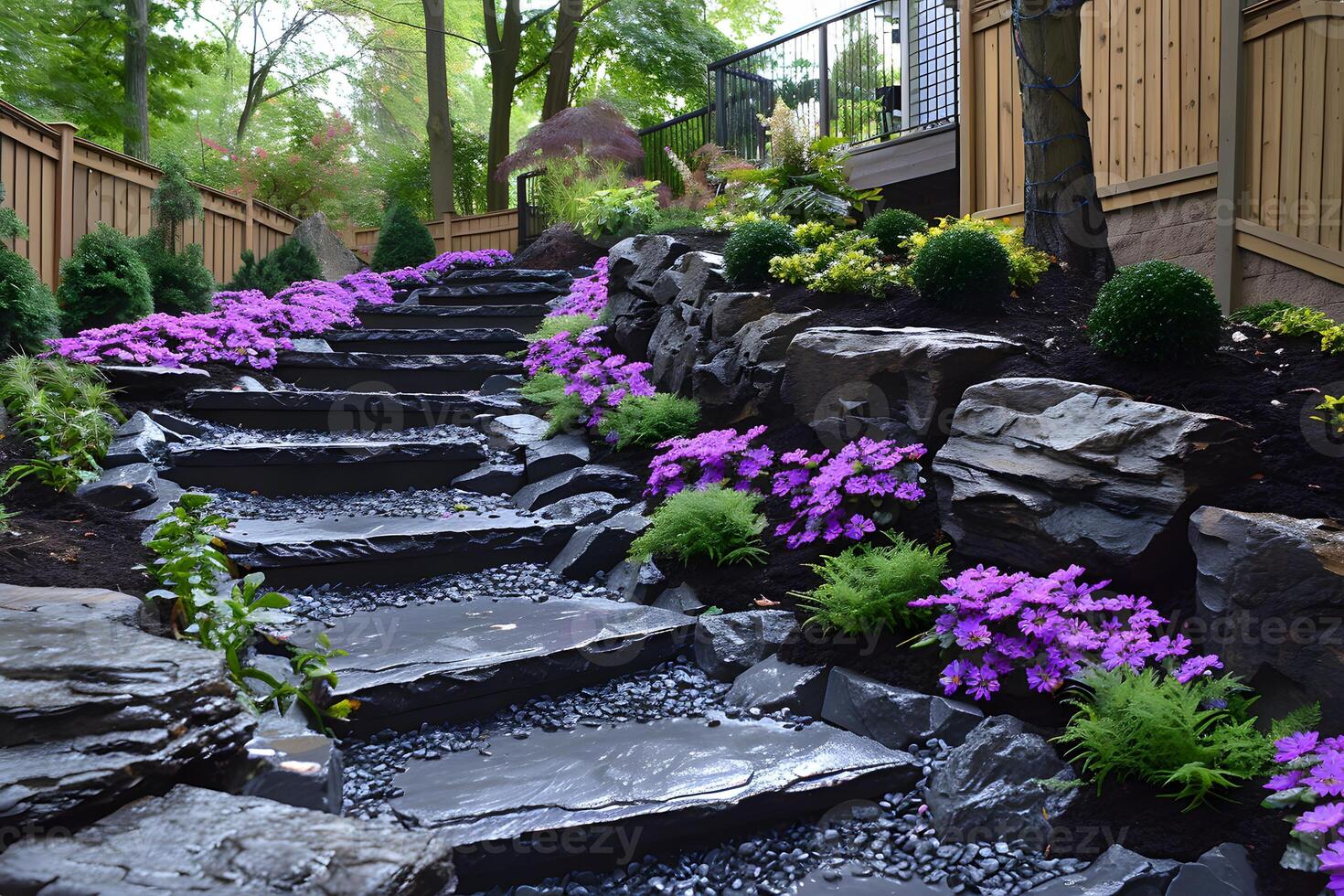 Serene Garden Landscape with Stone Steps and Vibrant Floral Arrangement for Outdoor Design Inspiration photo