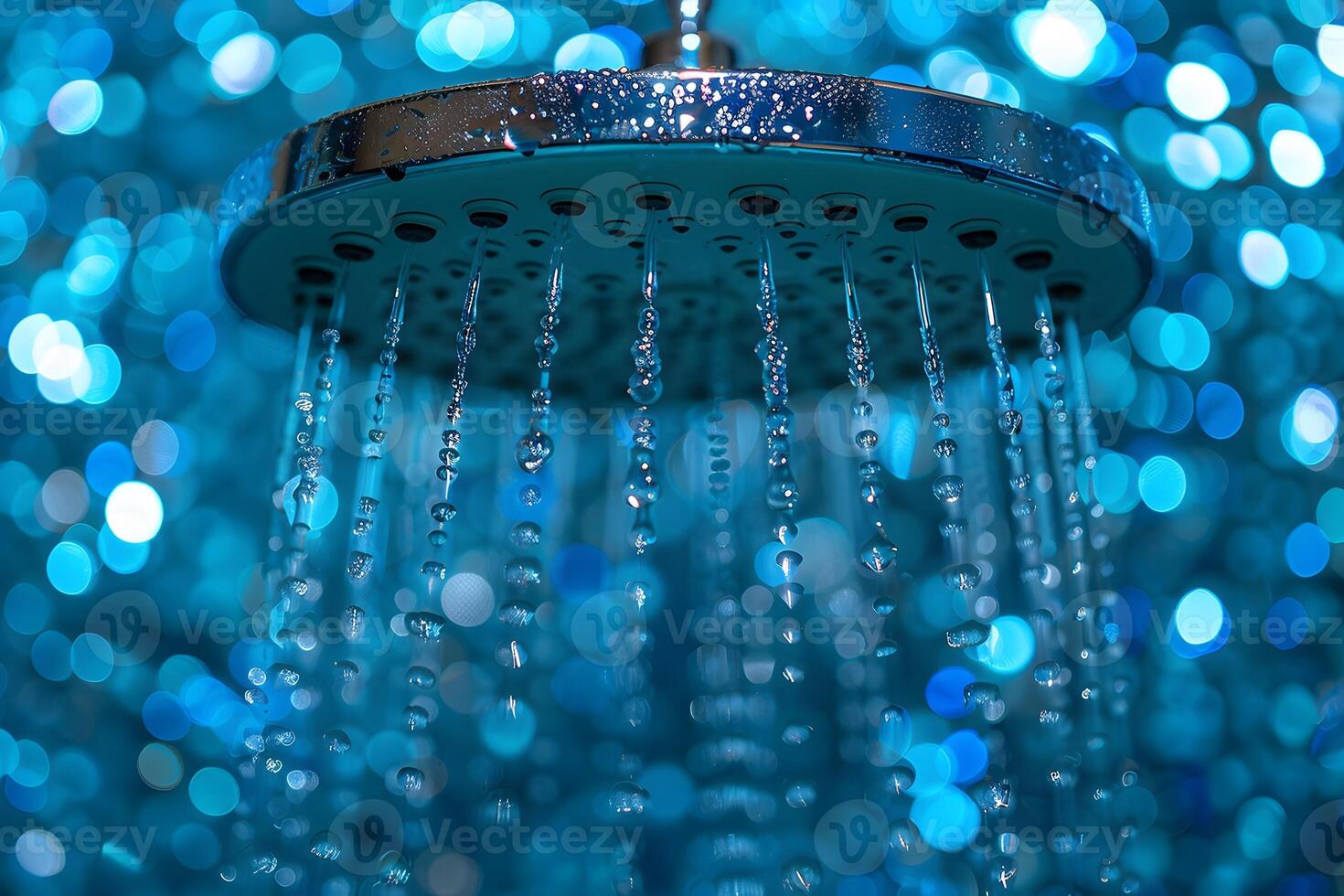 Luxurious Shower Head with Water Droplets on Blue Bokeh Background - Spa and Relaxation Concept photo