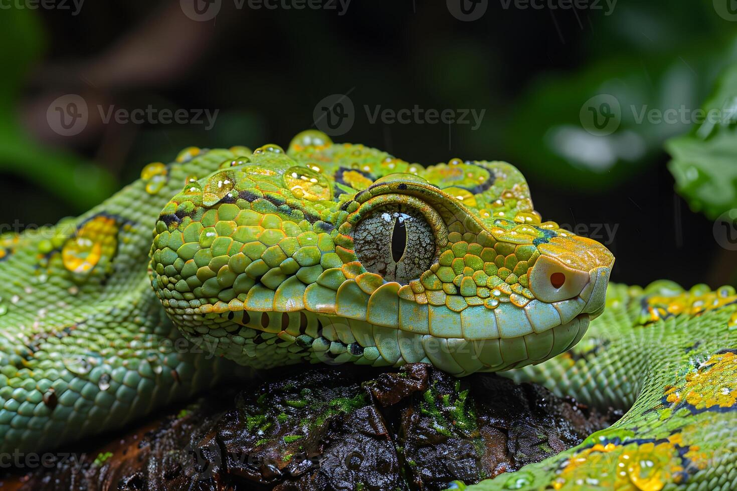 Close-Up of Rainforest Snake with Vibrant Scales and Water Droplets For Wildlife Photography photo