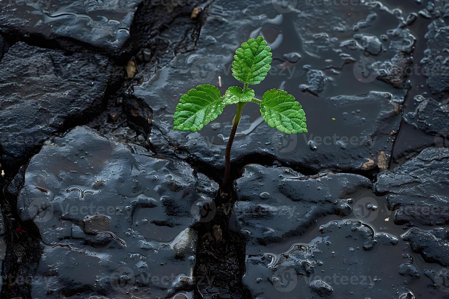 Resilience of Nature Green Plant Growing Through Dark Wet Asphalt - Environmental Persistence Concept for Posters photo