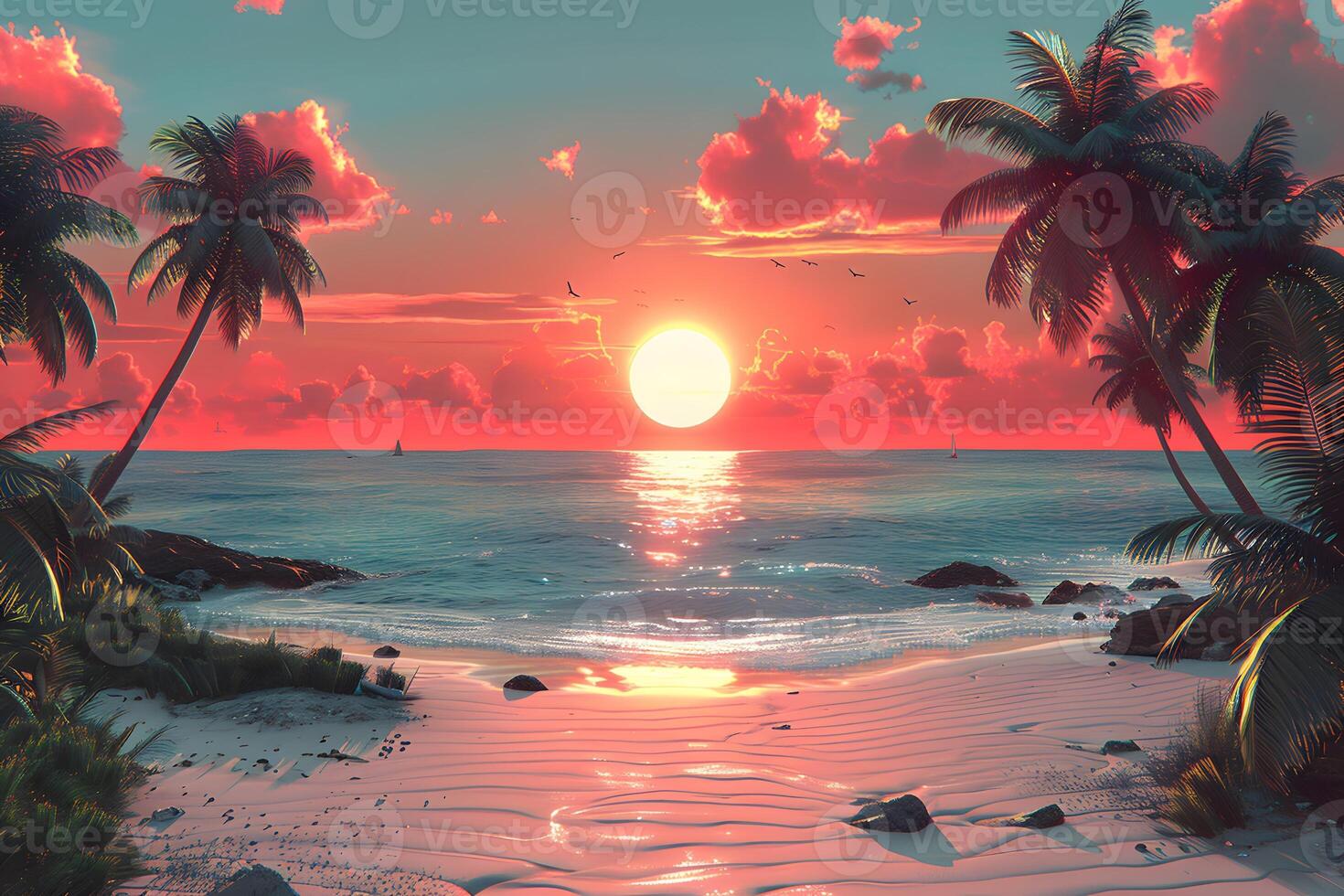 Idyllic Tropical Sunset Over Serene Beach with Palm Trees and Sailing Boats photo