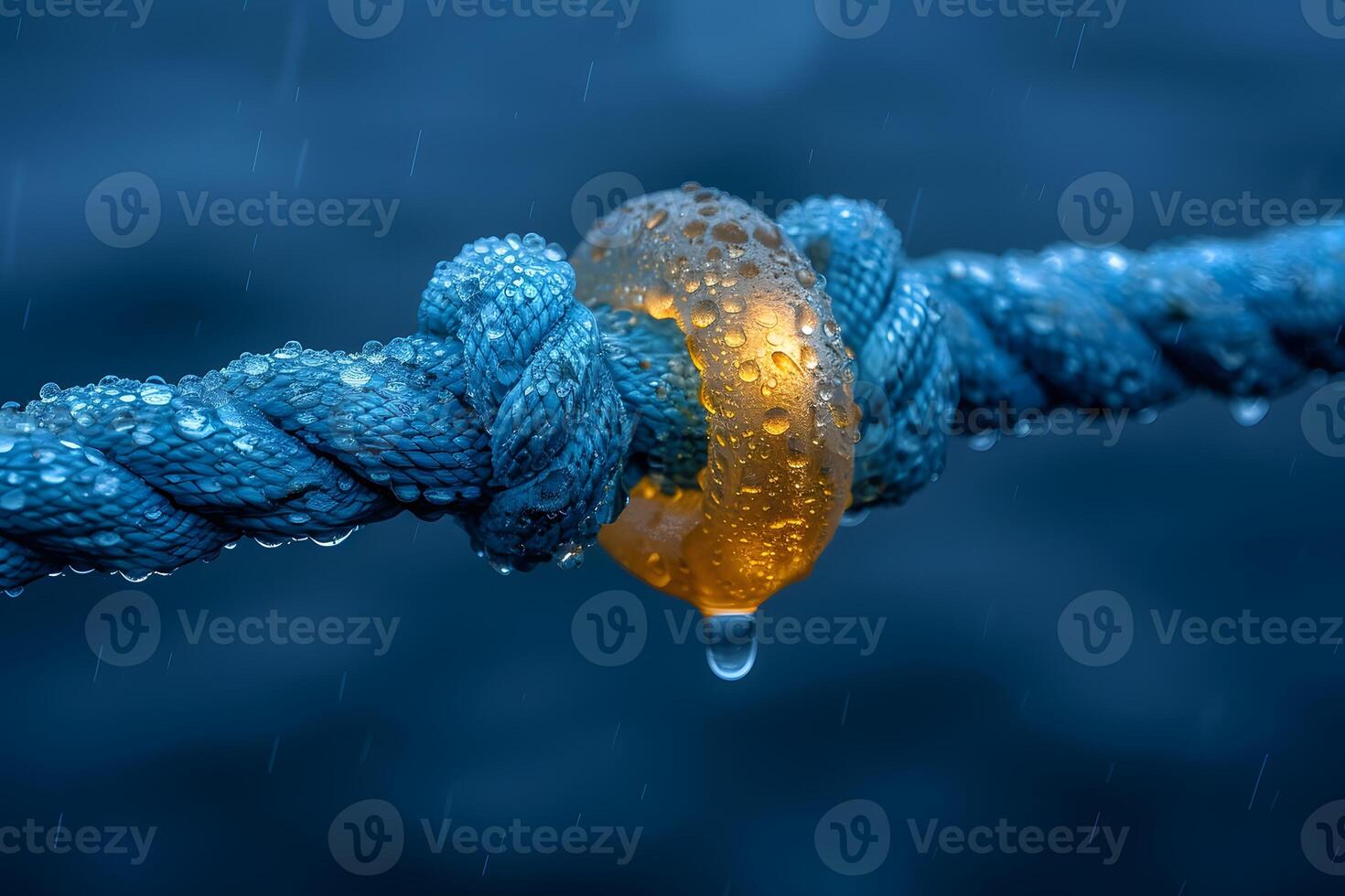 Nautical Knot with Raindrops on Blue Rope and Yellow Loop - Marine, Resilience, Sailing, Macro Design for Posters and Prints photo