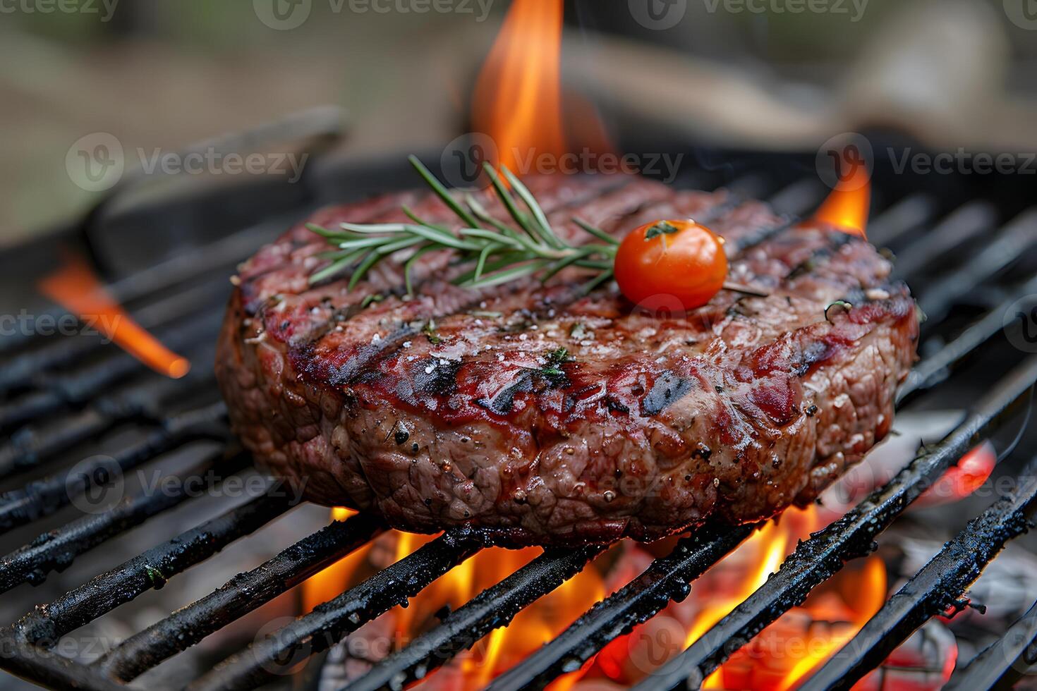 Grilled Beef Patty with Cherry Tomato and Rosemary on Open Flame for BBQ Cooking Concept photo