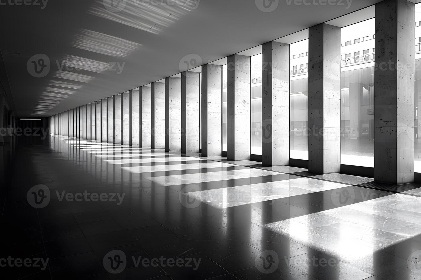 Modern Architectural Hallway with Sunlit Columns and Reflections Ideal for Architectural Design, Posters, and Prints photo