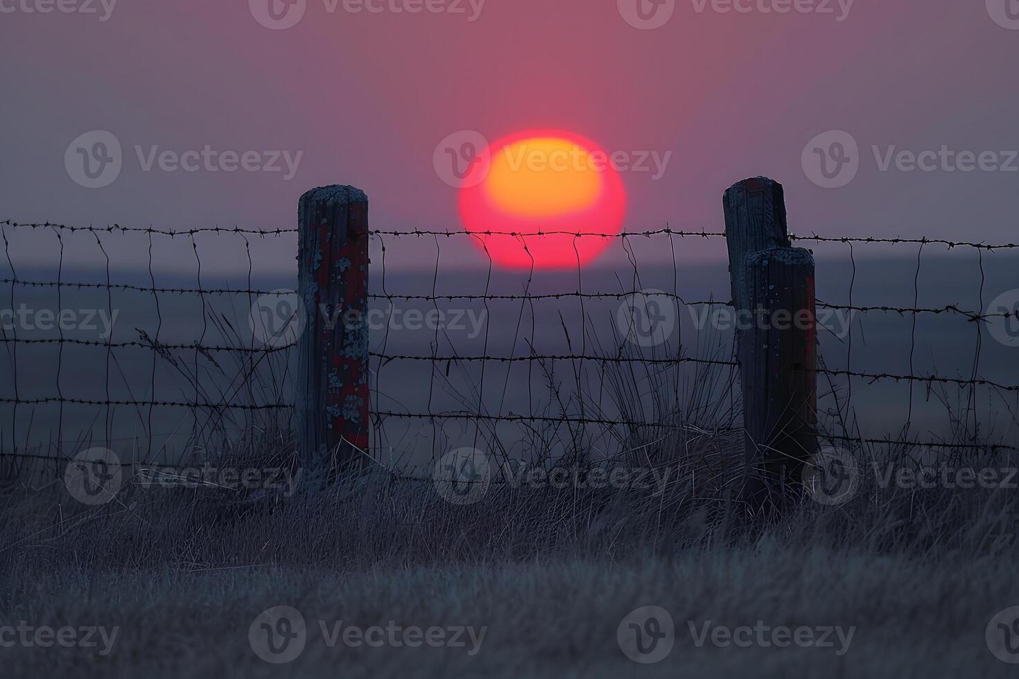 Serene Countryside at Sunset with Barbed Wire Fence - Rural Landscape for Wall Art, Calm Escape photo
