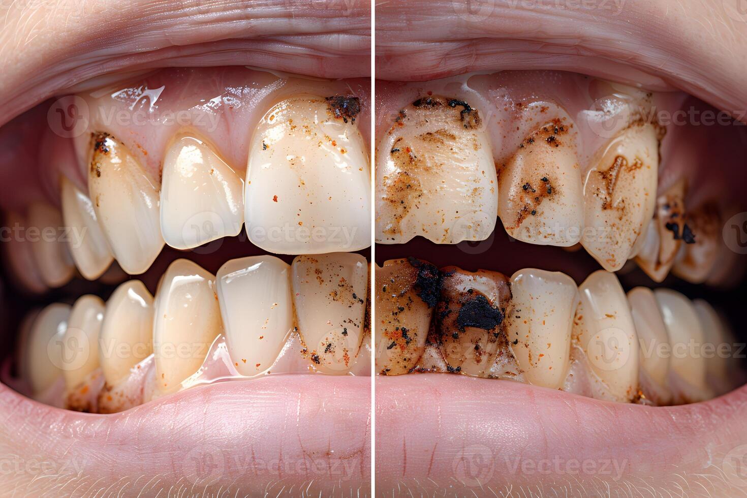 Comparison of Clean vs. Stained Teeth - Dental Hygiene, Whitening, and Healthcare Reference photo