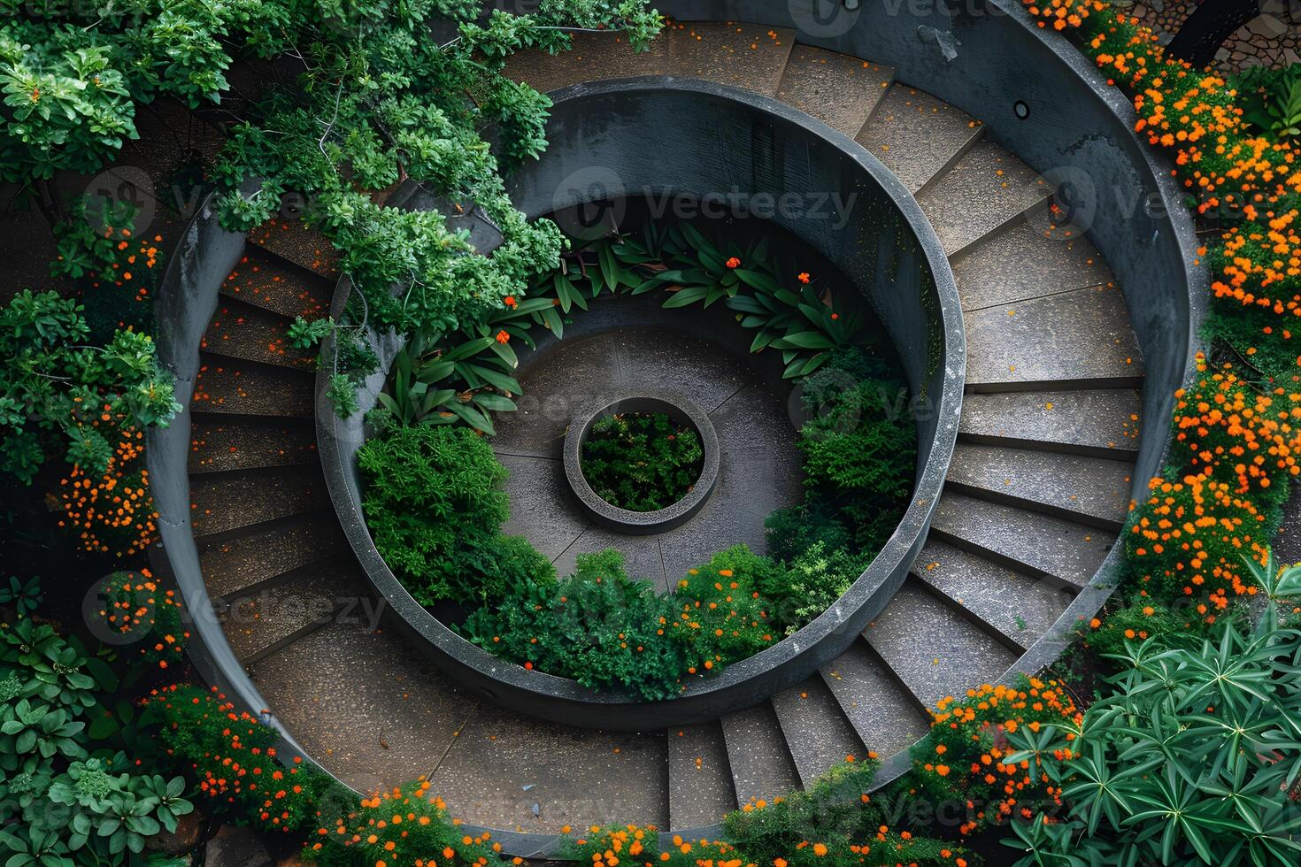 Spiral Garden Staircase with Vibrant Greenery and Orange Flowers photo