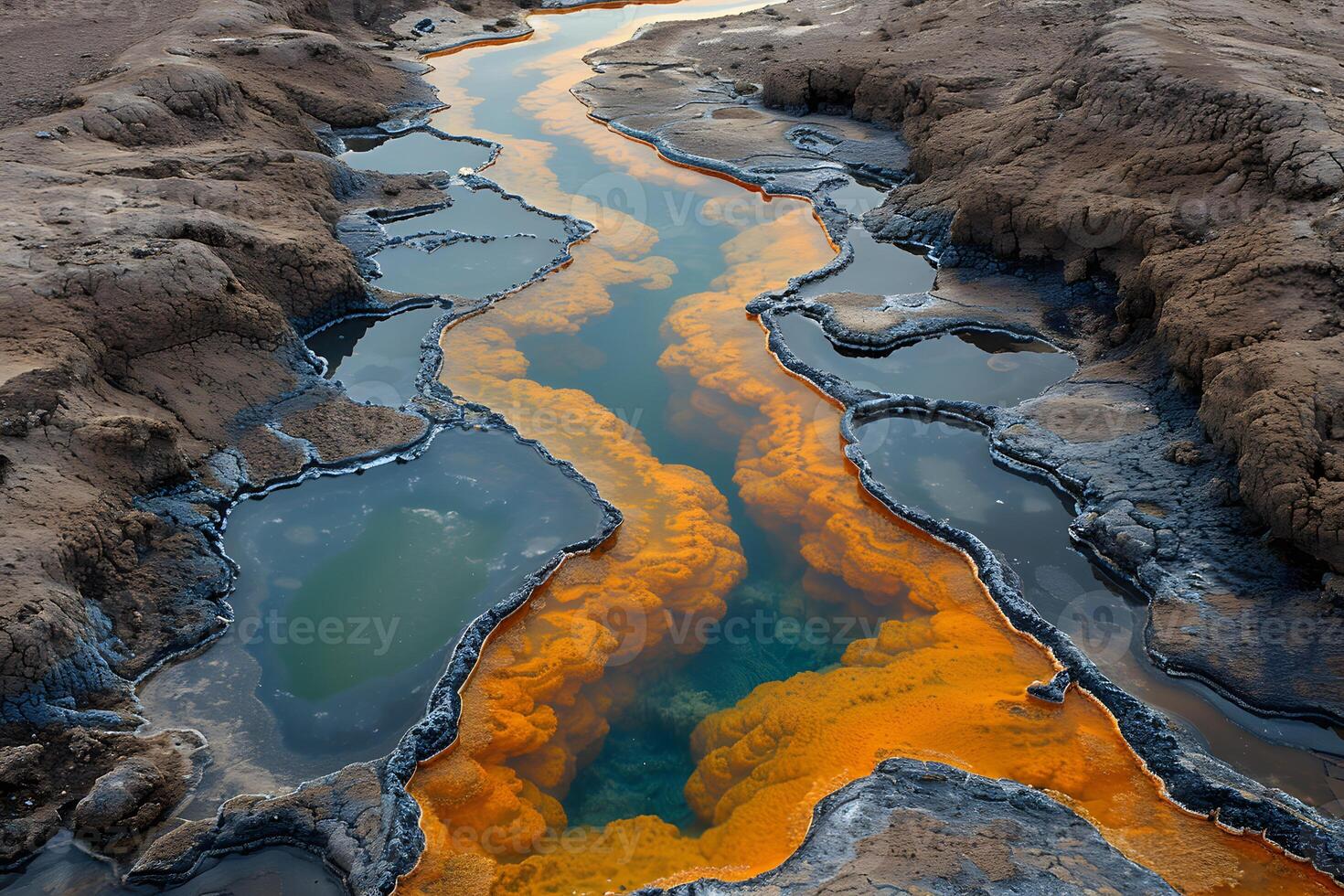 Vibrant Volcanic Hot Spring Stream with Colorful Mineral Deposits in Rugged Terrain photo
