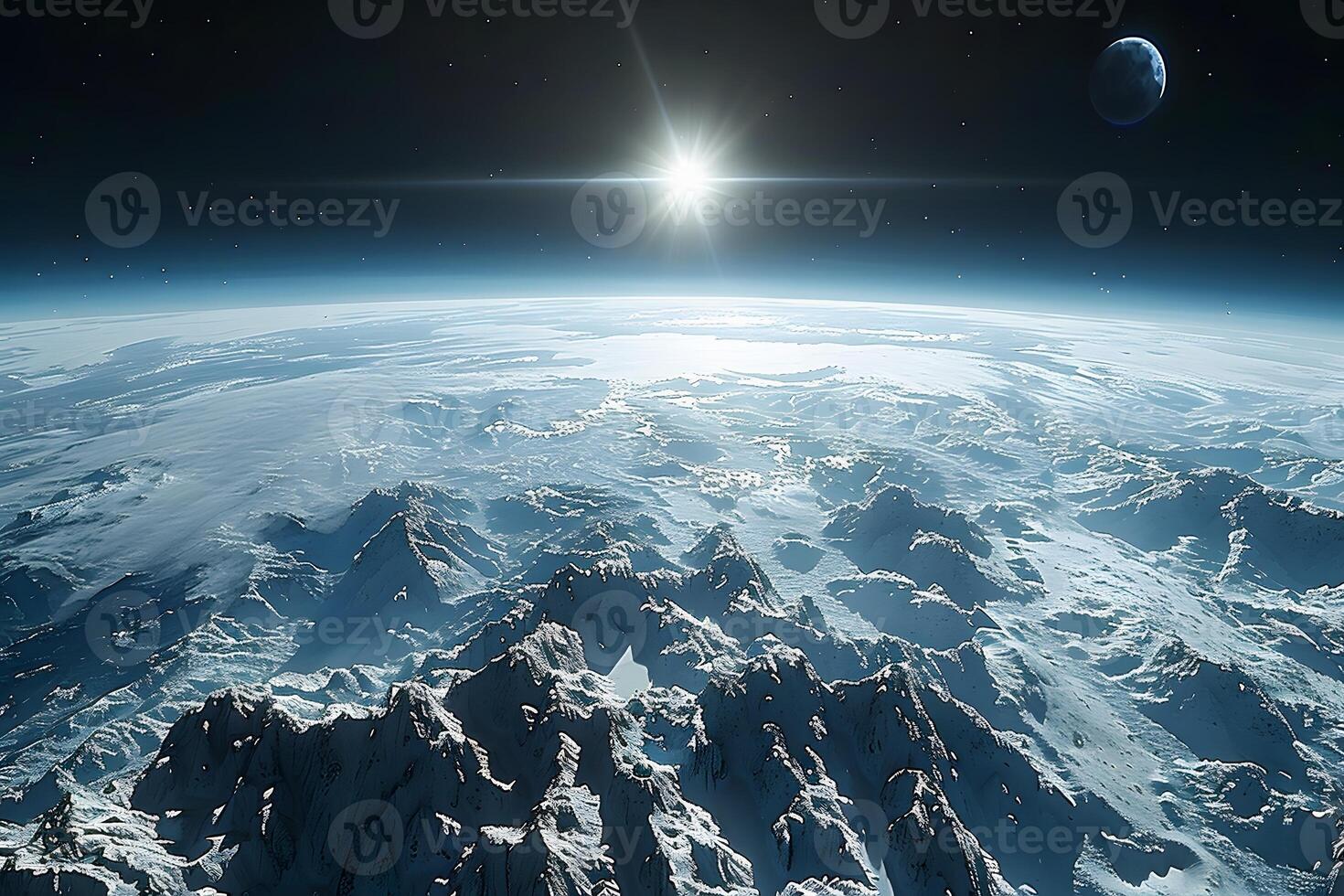 Stunning Sunrise over Frozen Planet with Icy Mountains and Distant Moon Ideal for Science Fiction Designs photo