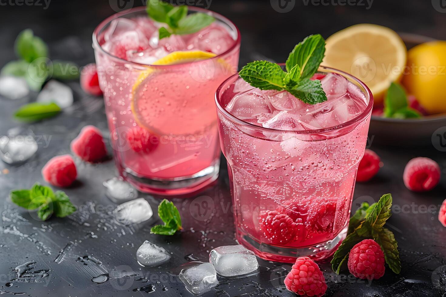 Refreshing Summer Raspberry Lemonade Drinks with Ice and Mint Leaves - Perfect for Spring and Summer Celebrations photo