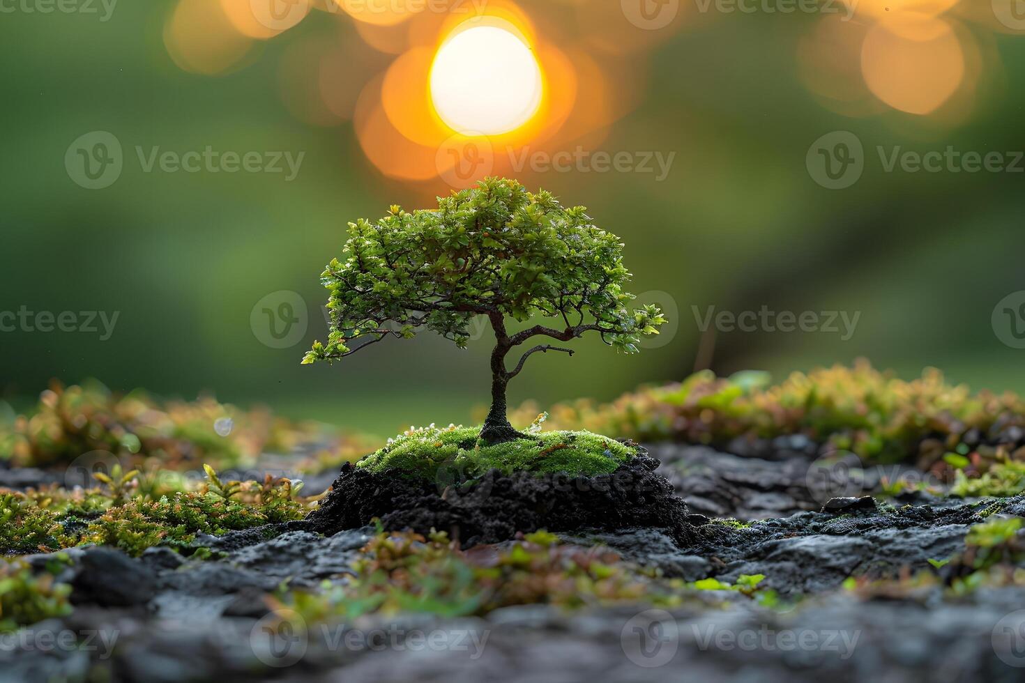 Tranquil Bonsai Tree with Lush Green Foliage at Sunset - Nature Focused Zen Garden Art for Wall Decor or Meditation Space photo
