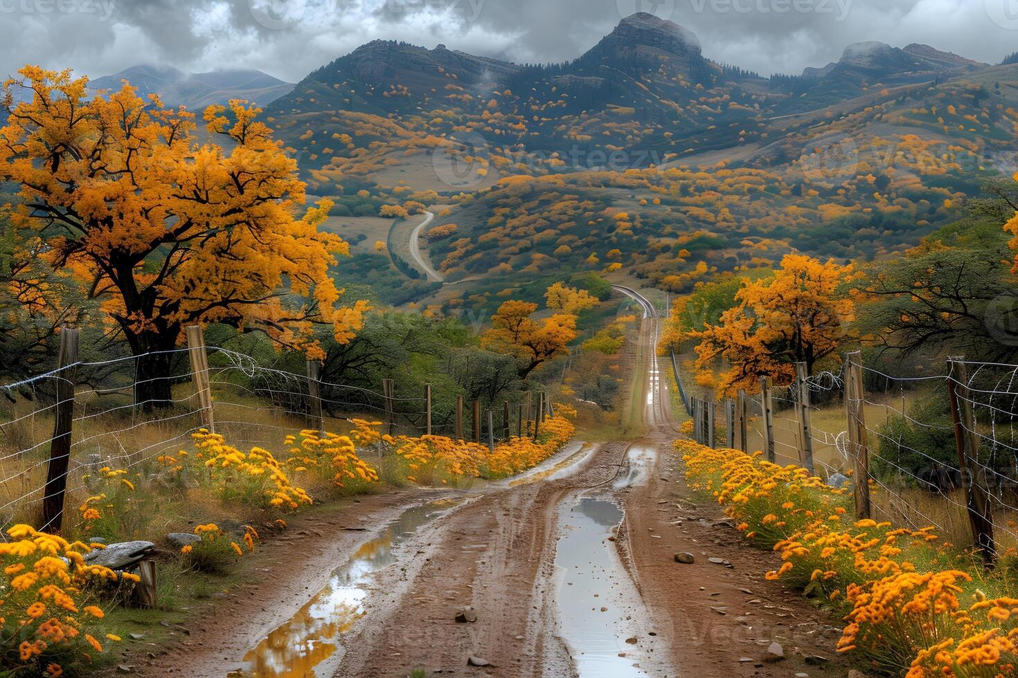 Autumn Scenic Road through Mountain Landscape with Vibrant Fall Colors - Ideal for Posters, Prints, and Wall Art photo