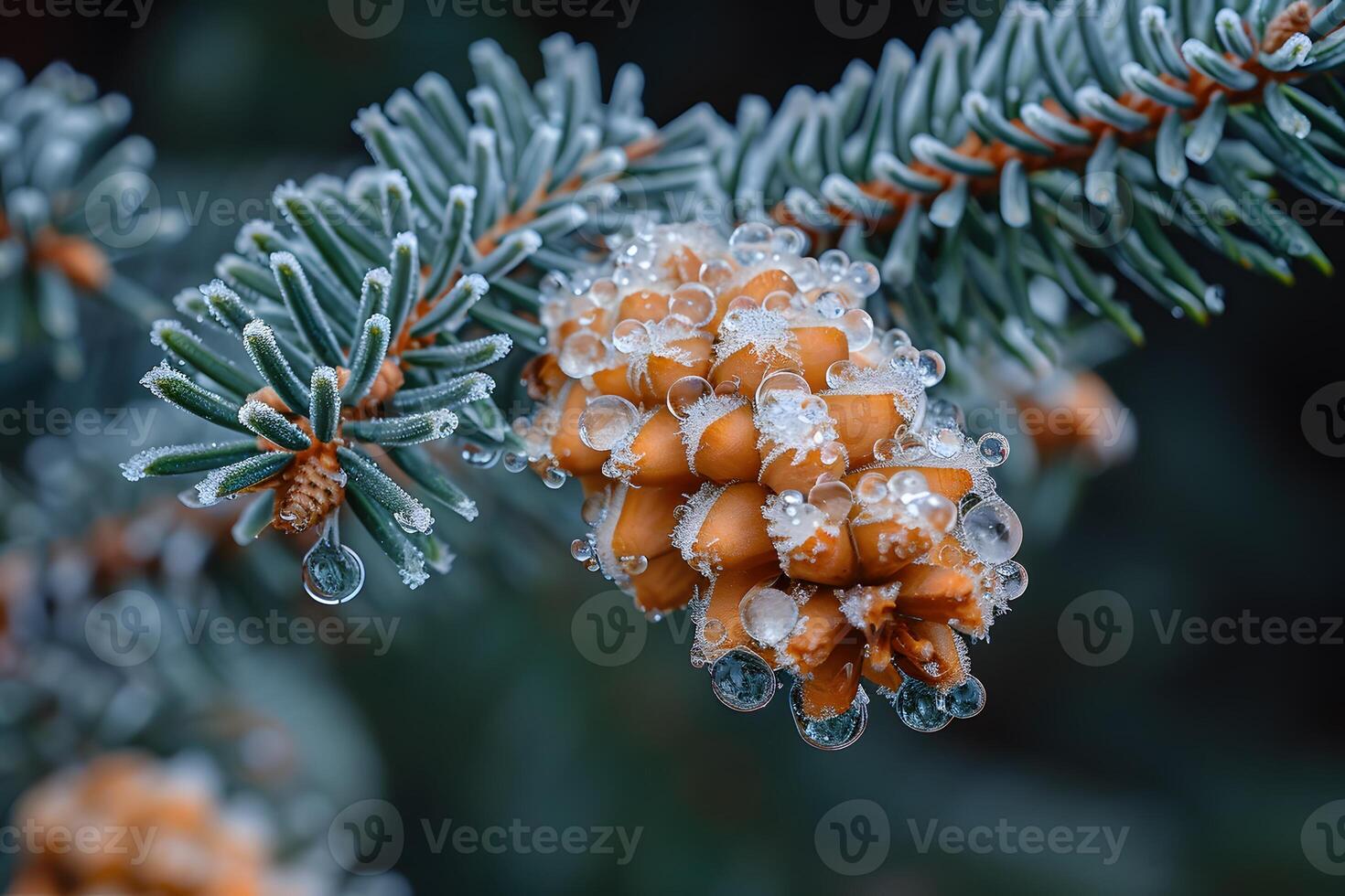 Frosty Pine Cone with Water Droplets on Evergreen Branch - Nature Winter Concept for Holiday Designs photo