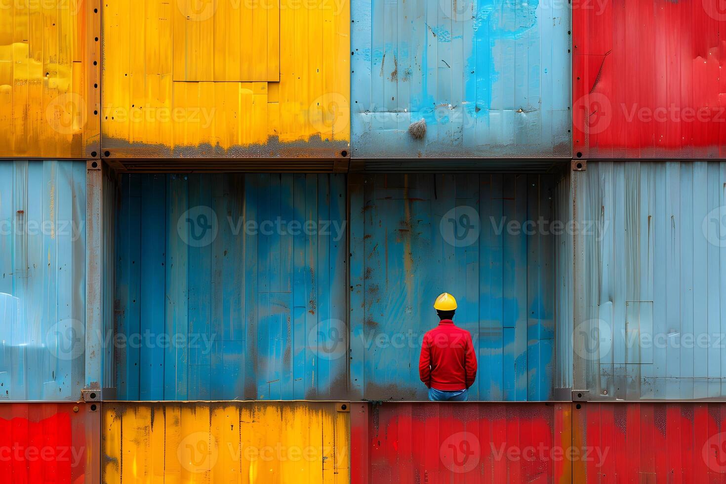 Worker in Red Jacket and Yellow Helmet Stands Against Colorful Shipping Container Wall Background photo
