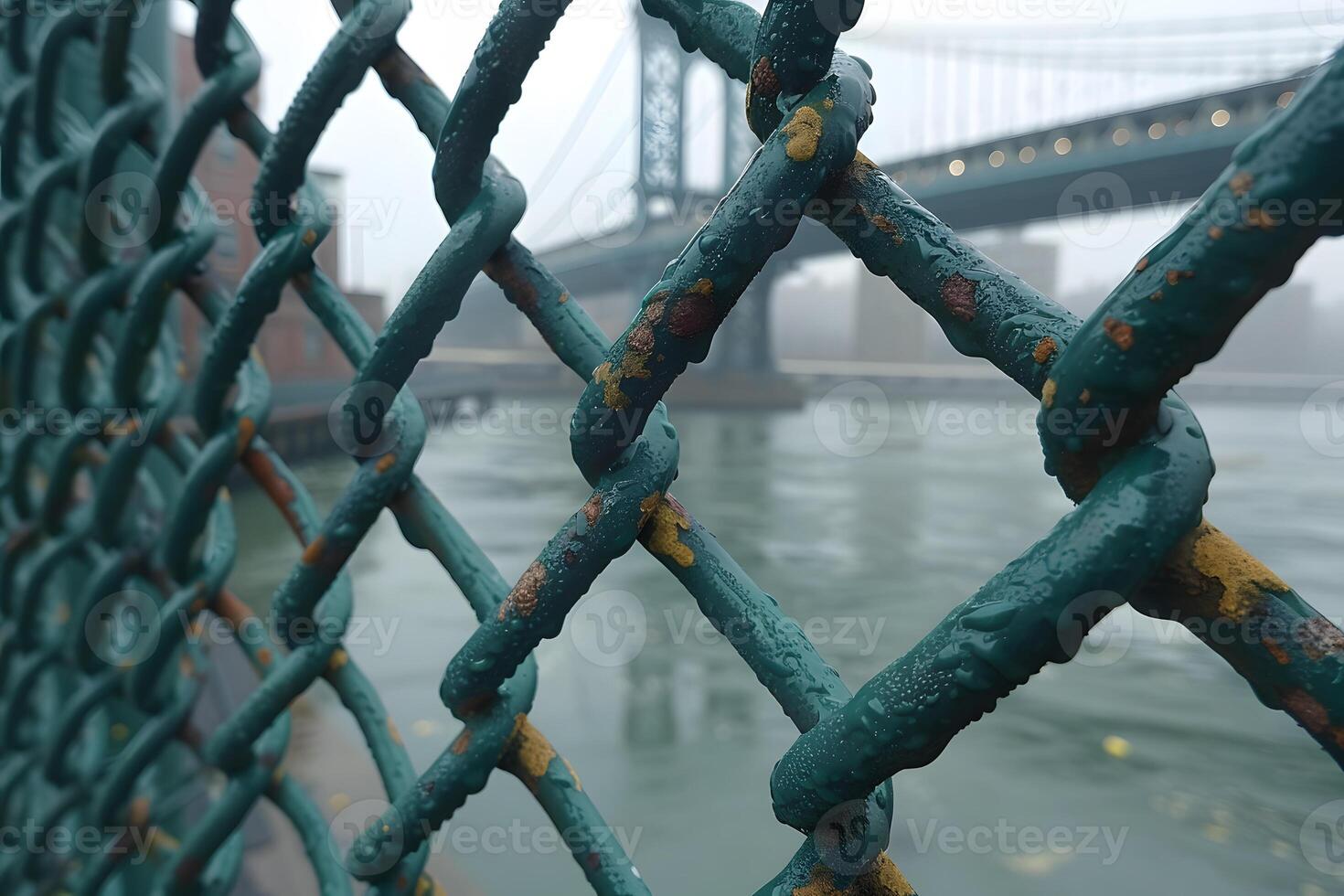 Urban Bridge View Through Chain-Link Fence on a Foggy Day - Concept of Isolation and Industrial Feel photo