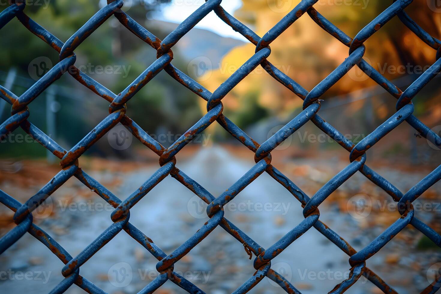 Rusty Chain Link Fence in Nature Setting Industrial Texture against Natural Backdrop photo