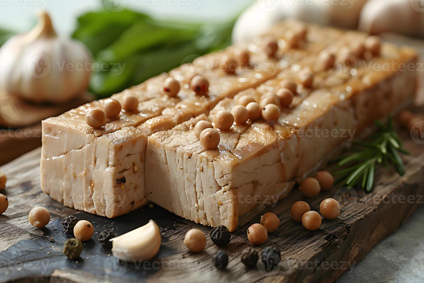 Gourmet Marinated Tofu Block Garnished with Peppercorns and Herbs - Ideal for Vegan Recipes, Food Blog, Culinary Art photo