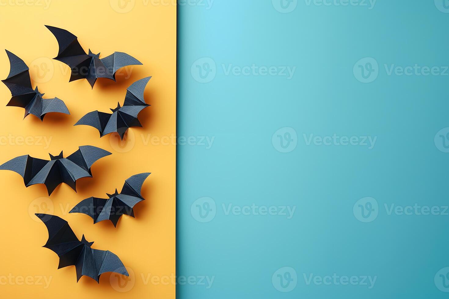 Halloween Paper Bats on Orange and Blue Background Design for Print, Card, Poster photo