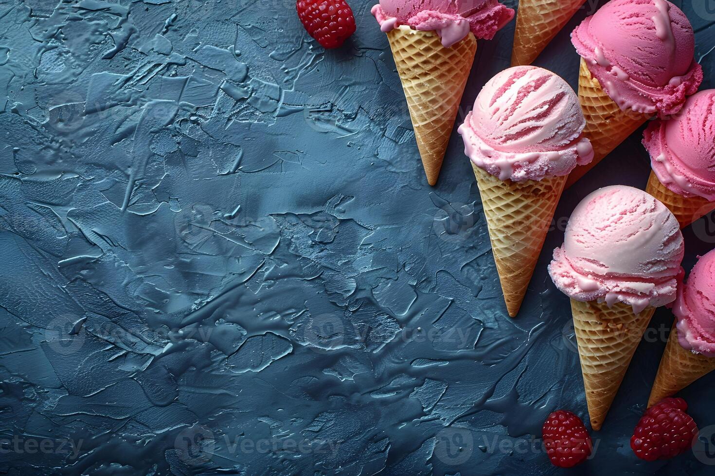 Pink Ice Cream Cones on Textured Blue Background - Summer Dessert Concept photo