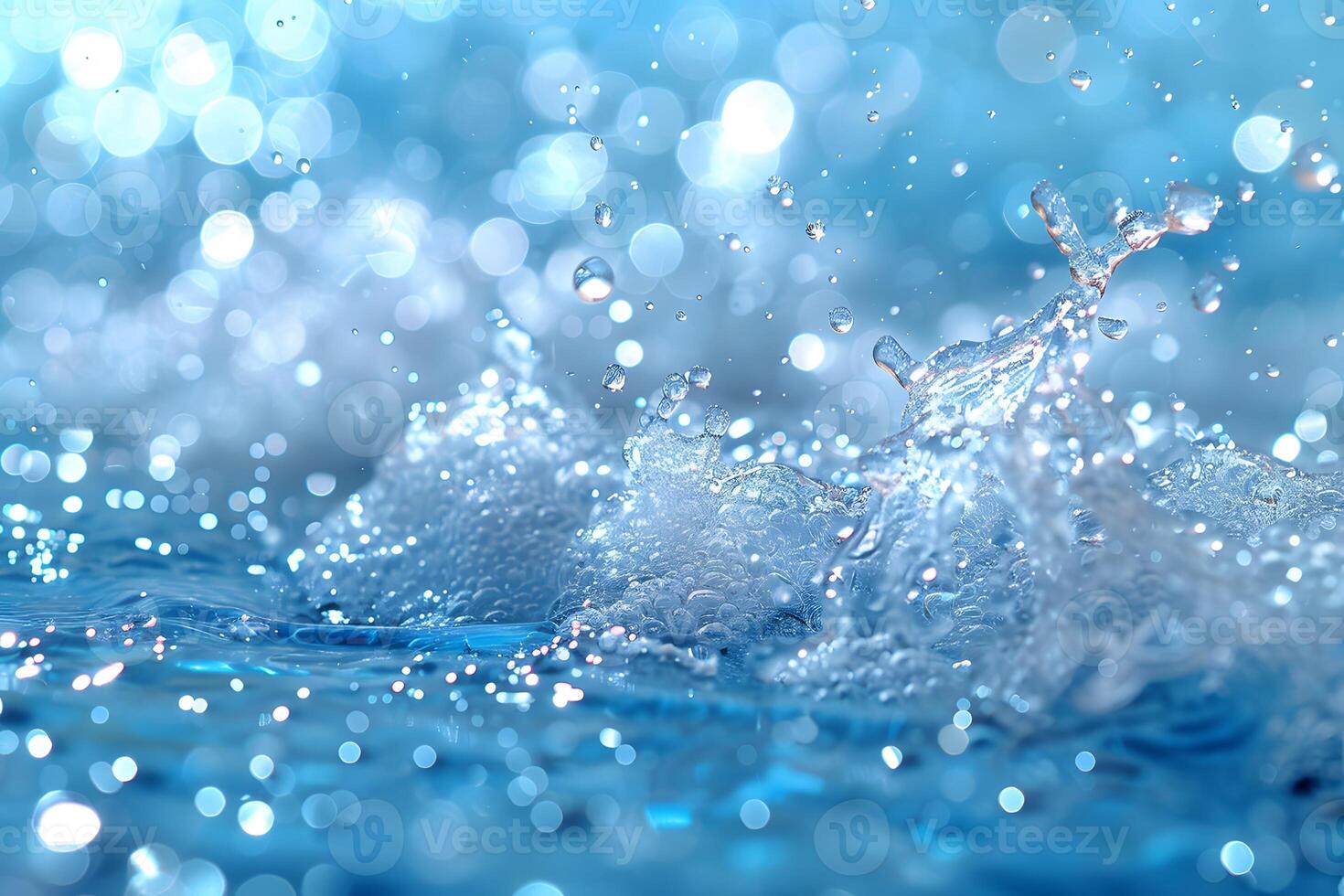 Splashing Blue Water Drops with Sparkling Bokeh Background for Design, Poster, and Print photo