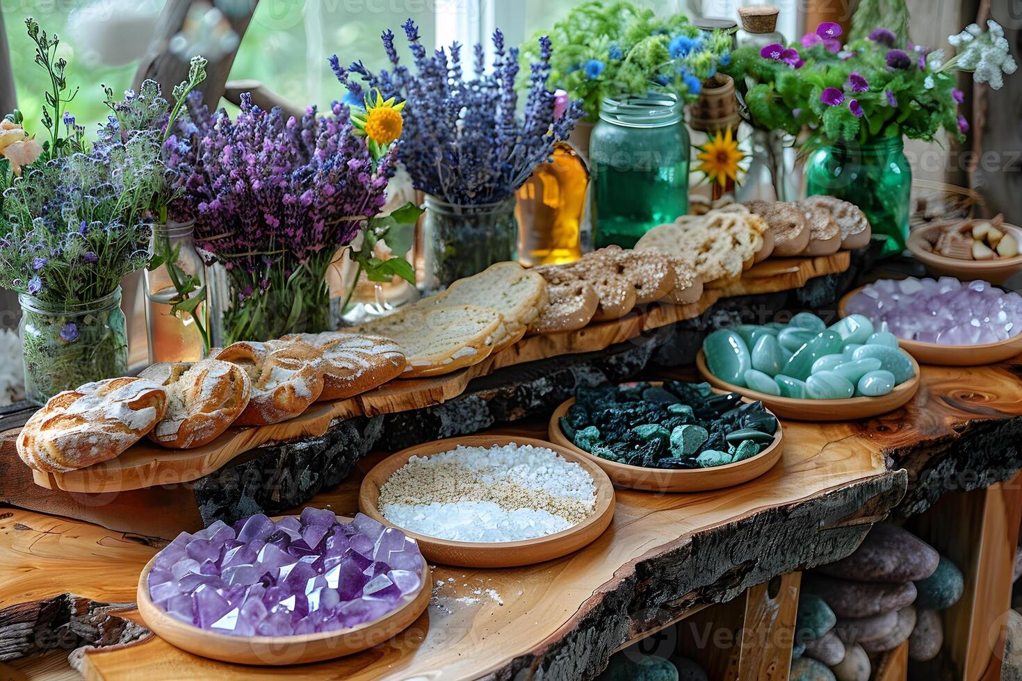 Rustic Bakery and Crystal Display with Fresh Flowers Ideal for Kitchen Decor, Print, or Poster Design photo