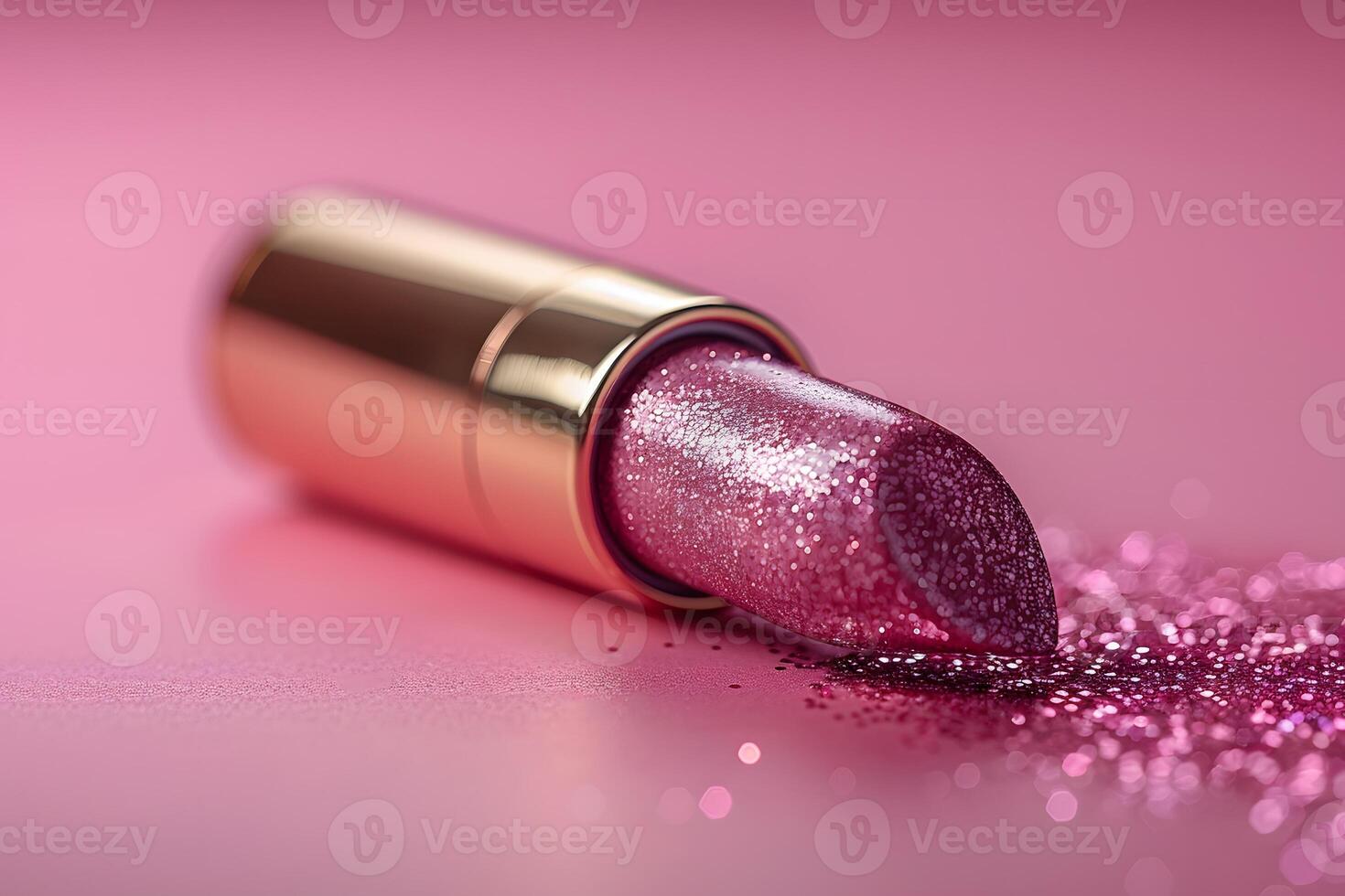 Sparkling Pink Lipstick on Golden Tube with Glitter Elements - Perfect for Makeup and Beauty Designs photo