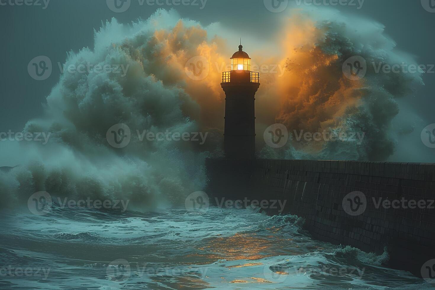 Stormy Lighthouse Scene with Huge Waves Crashing and Illuminated Beacon - Stock Photo for Dramatic Nautical Themes
