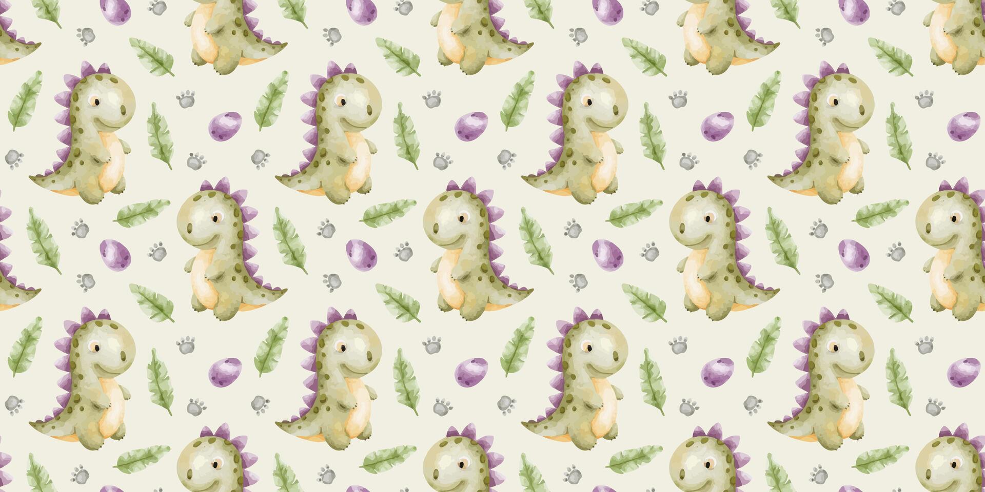 Green dinosaurs,footprints, eggs and Palm leaves. Childish background of tyrannosaurus rex. Print with dino. Watercolor seamless pattern for design kid's goods, fabric, scrapbook, office supplies vector