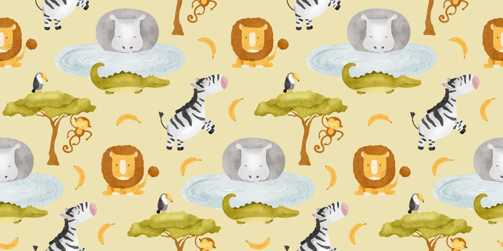 Cute baby African jungle animals Lion, zebra, crocodile, hippo, vector