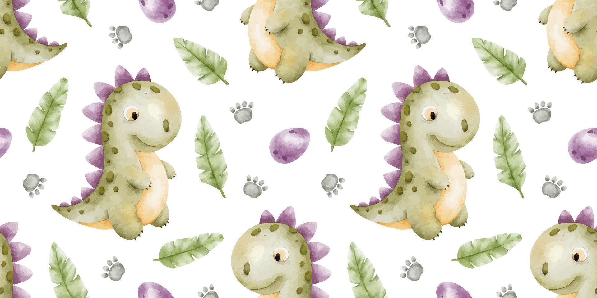 Green dinosaurs,footprints, eggs and Palm leaves. Childish background of tyrannosaurus rex. Print with dino. Watercolor seamless pattern for design kid's goods, fabric, scrapbook, office supplies vector