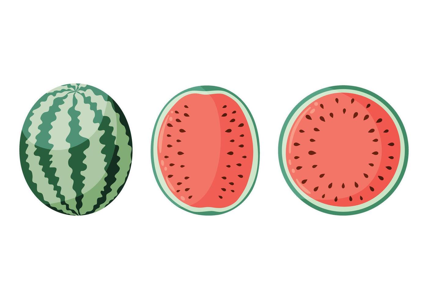 Watermelon illustrations set with whole watermelon and watermelon halves. Flat style drawings for food graphics, summer designs, menu, logo, stickers, greeting cards, invitations. vector