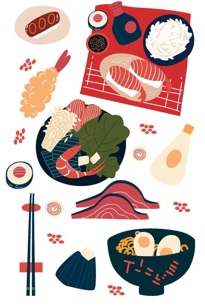 A set of asian food. Asian meal and dish. Cooking rice, shrimp and noodles. vector