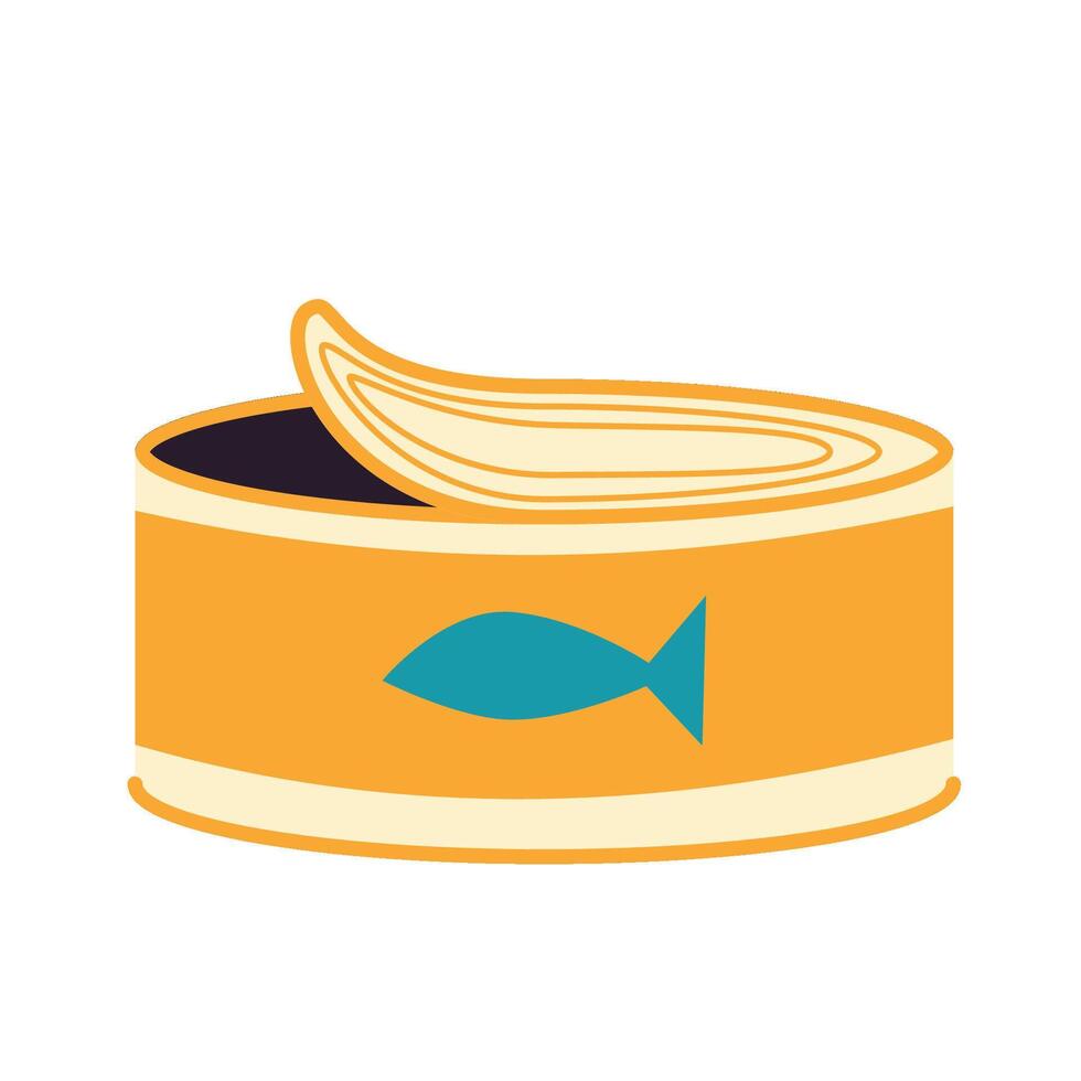 Canned fish. Seafood preserved in metal container. Product in round jar with closed lid. vector