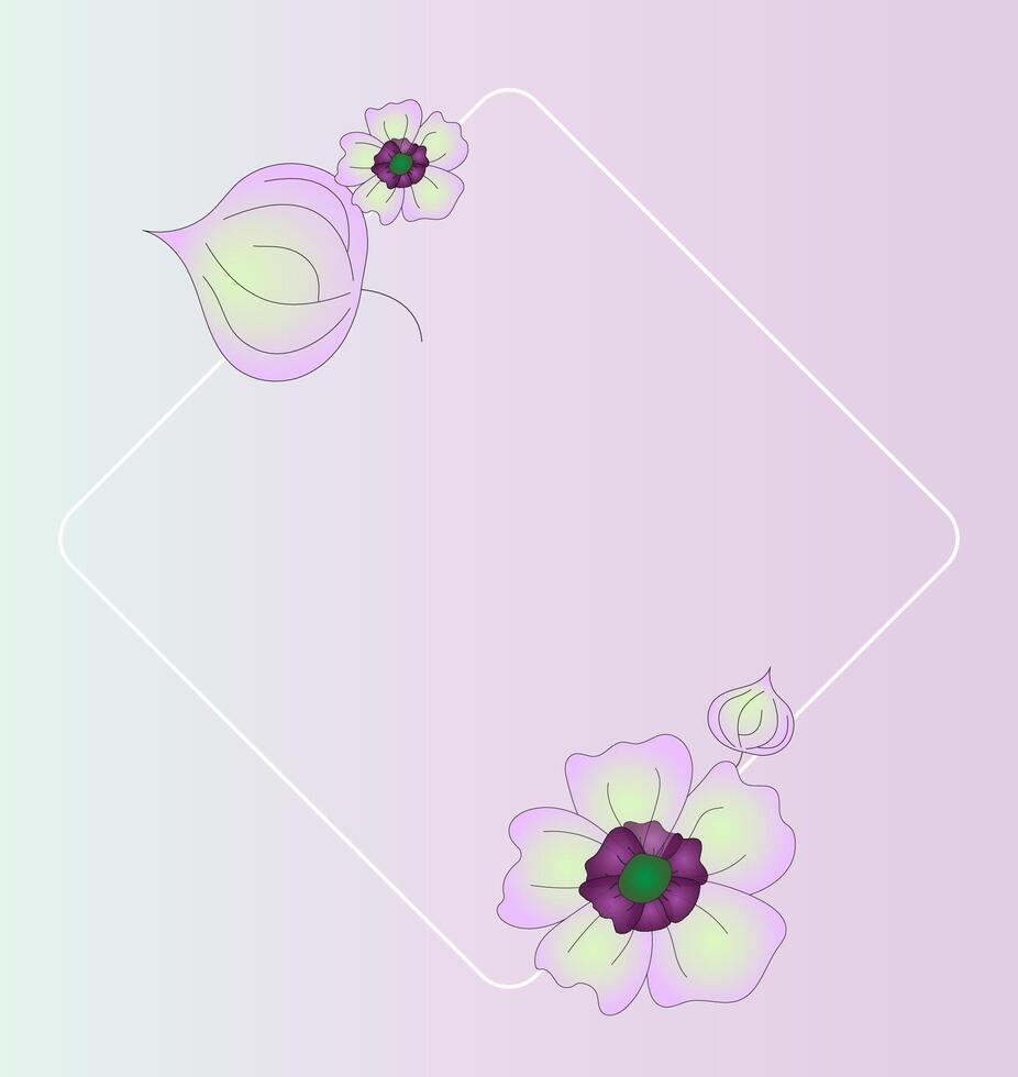 Flower and Physalis Buds. Illustration, hand drawn Botanical elements. White frame with Violet Purple Pink Green Buds and Flowers on background. For pattern, posters, invitation, greeting cards vector