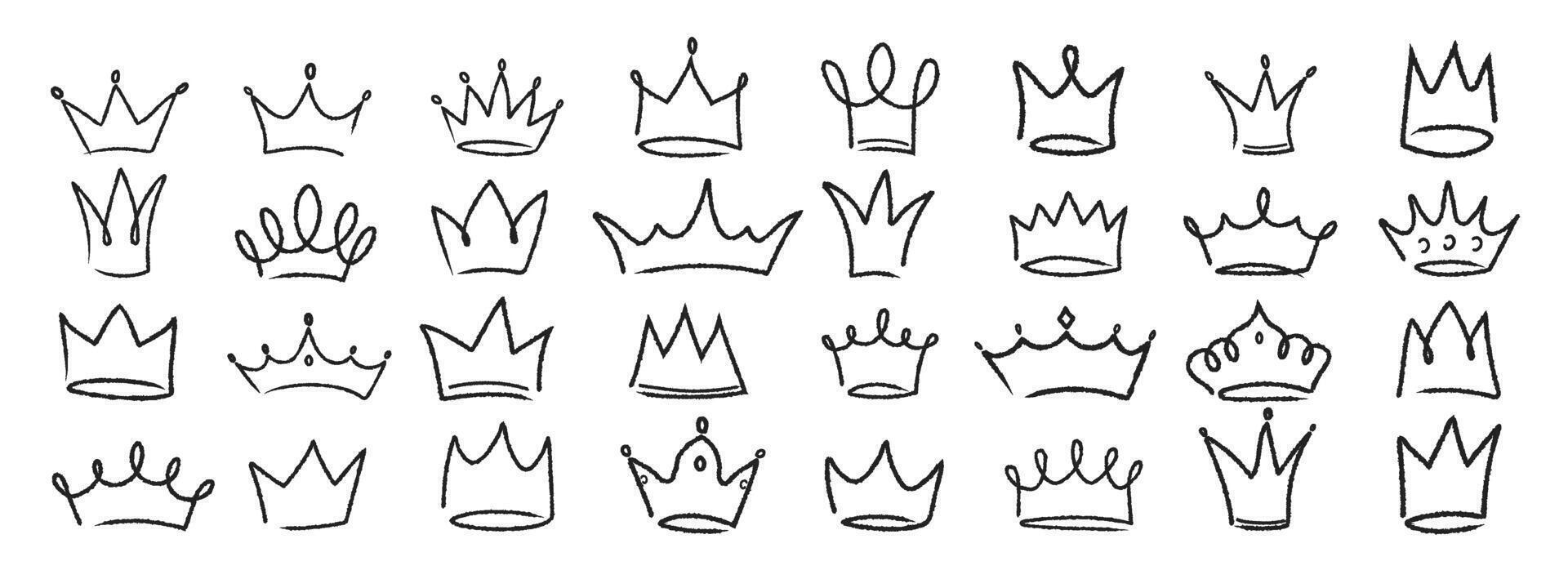 Hand drawn hand drawn linear grunge set of crowns. Collection of sketches of royal diadems drawn in chalk , charcoal. illustration vector