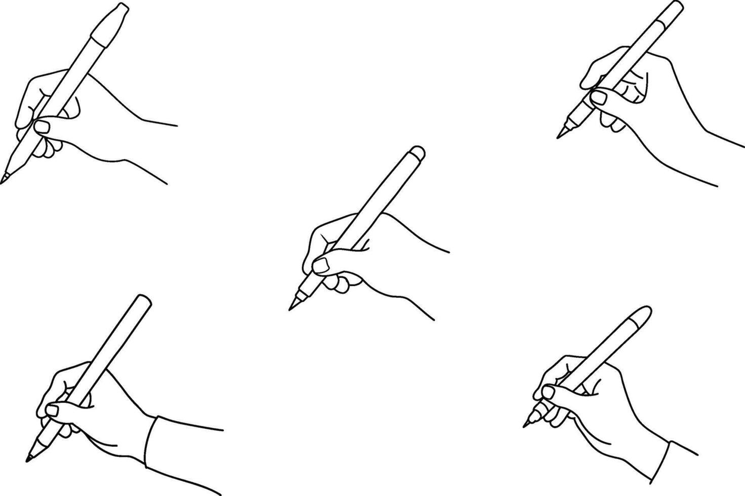 Line drawing of hand holding pen, isolated on white background vector