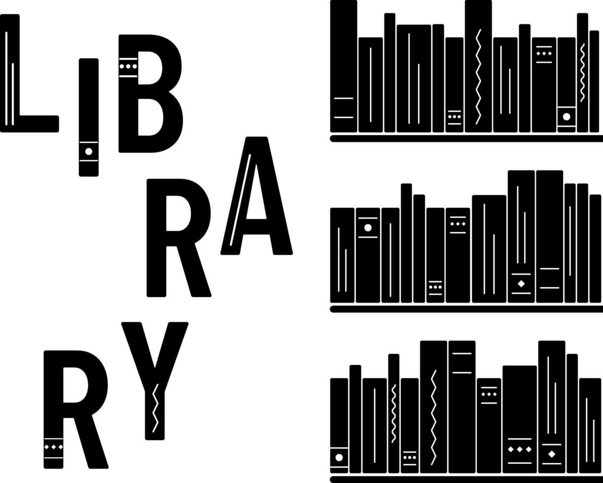 Black Silhouette of bookshelf, word Library. Hardcover books. Reading literature, encyclopedias, textbooks. Stories, wisdom and knowledge. Scattered letters. Isolated interior. illustration vector