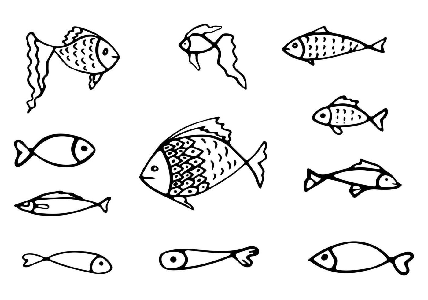 Fish doodle. Simple hand drawn set of fish icons in Scandinavian style. Fishing and seafood. Black outline of the sea inhabitants. illustration isolated on a white background. Undersea world. vector
