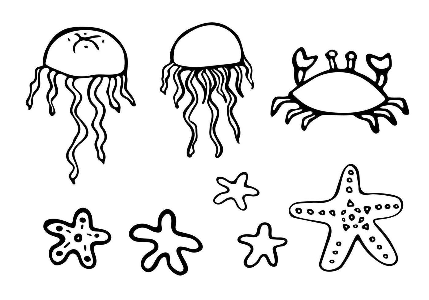 Hand drawn set of jellyfish and starfish icons in Scandinavian style. Underwater ocean fauna. Abstract floating sea creatures. illustration isolated on a white background. Undersea world. vector