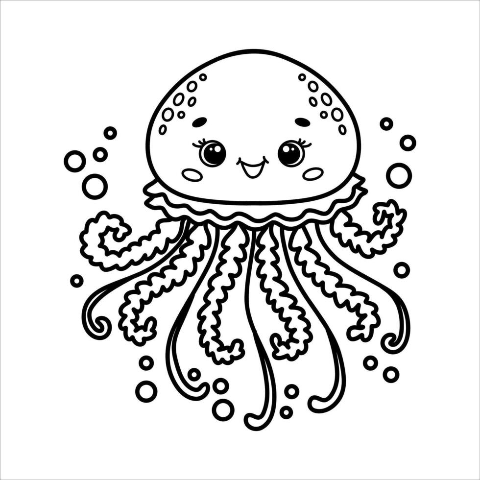 Cute cartoon smiling jellyfish with bubbles. Black and white outline Illustration. Children's coloring page book vector