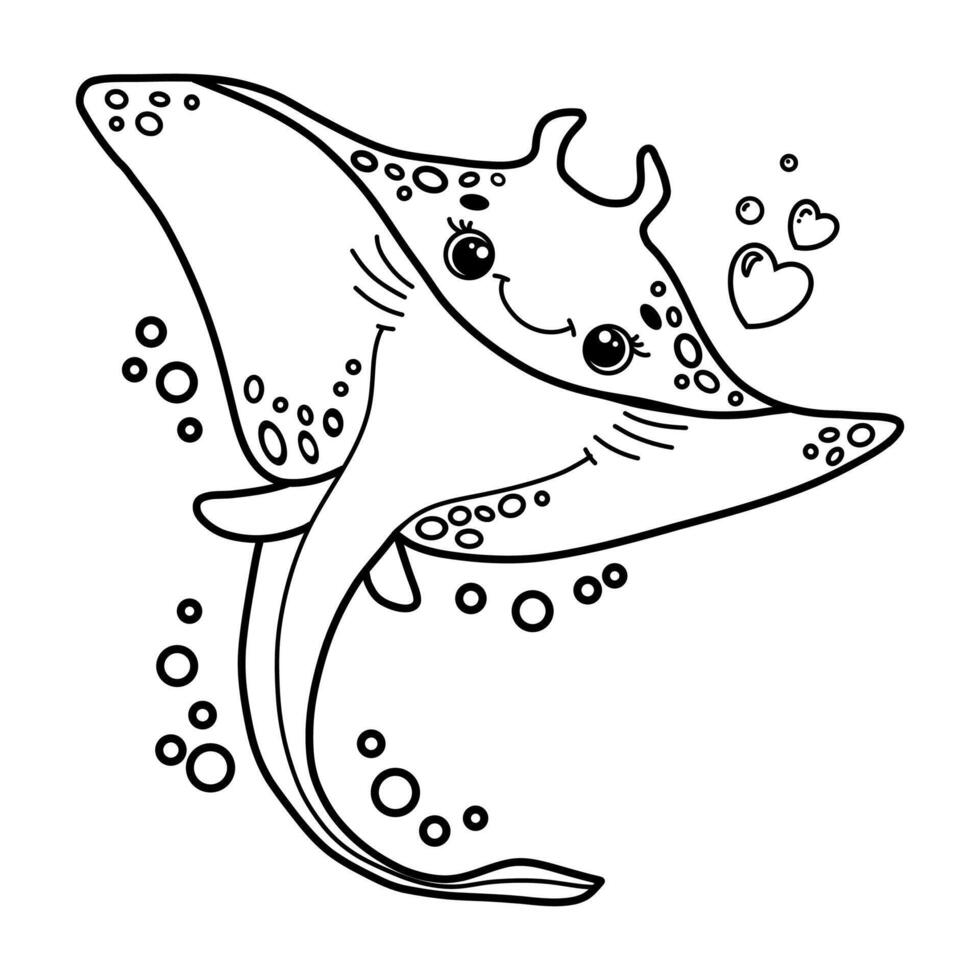 Cute cartoon smiling stingray with bubbles. Black and white outline Illustration. Children's coloring page book vector