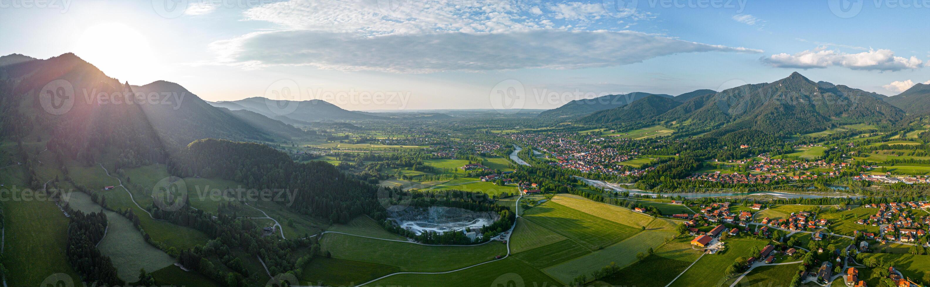 Bavarian Pre Alps. Sunset aerial panorama. Isar river valley. Lenggries Bad Toelz photo