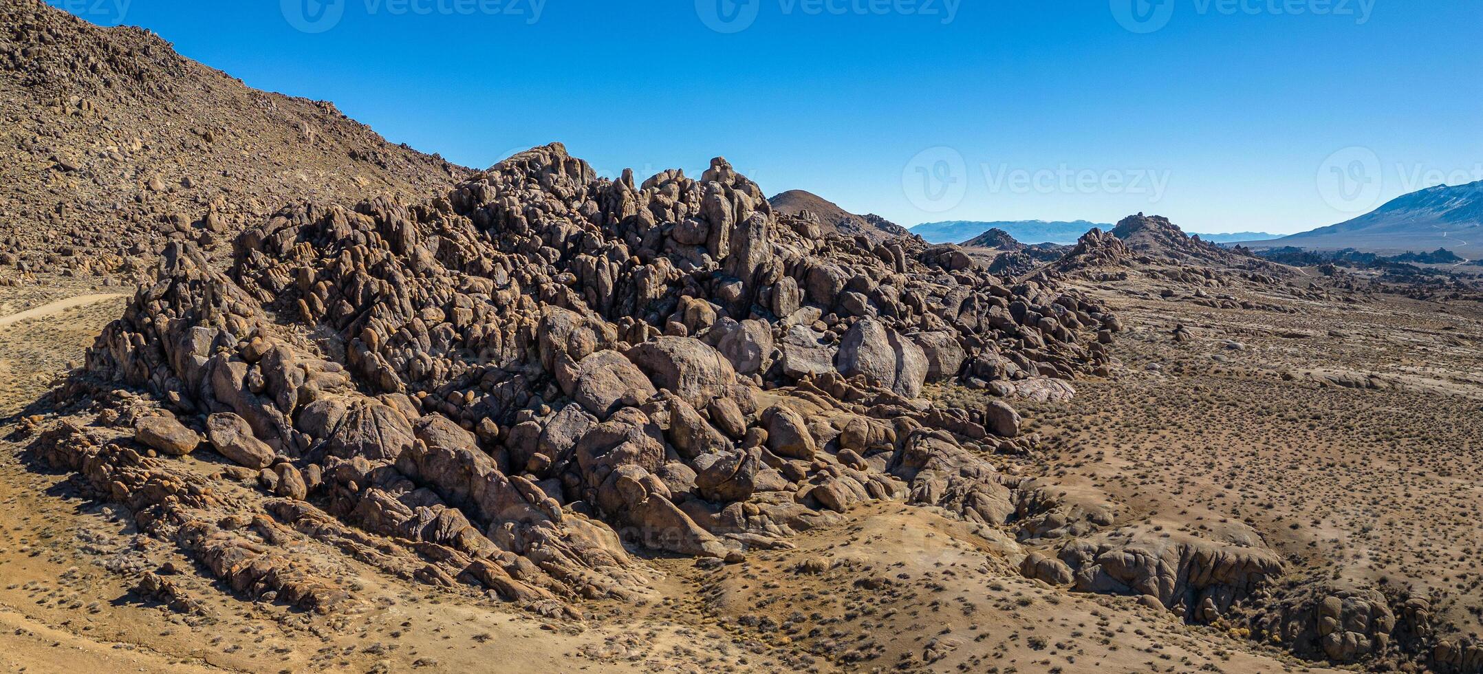 Alabama Hills with Mount Whitney in the back. Movie Raod. Aerial Panorama photo