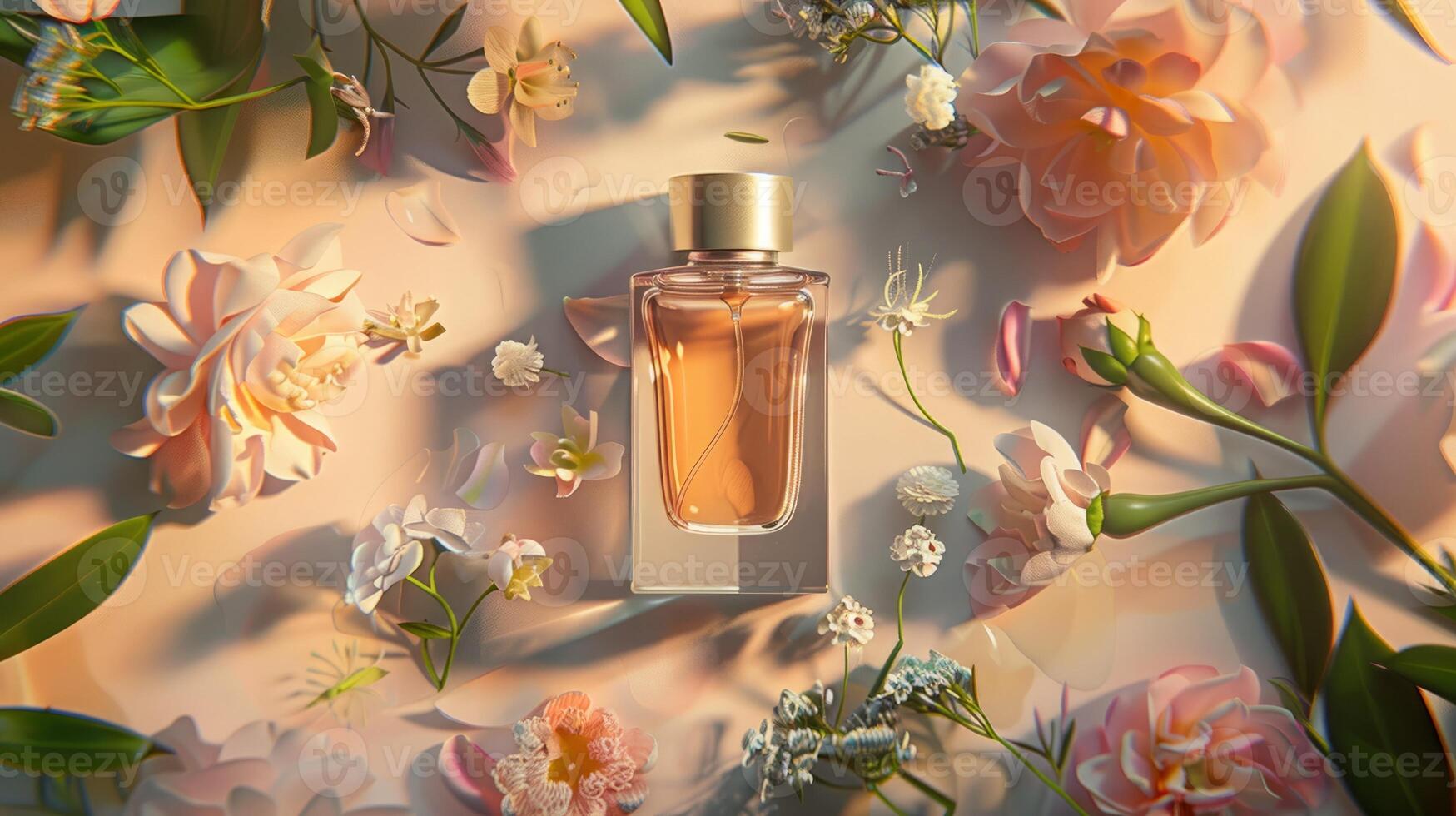 Product photography of a perfume and flowers, on a minimalist pastel background photo
