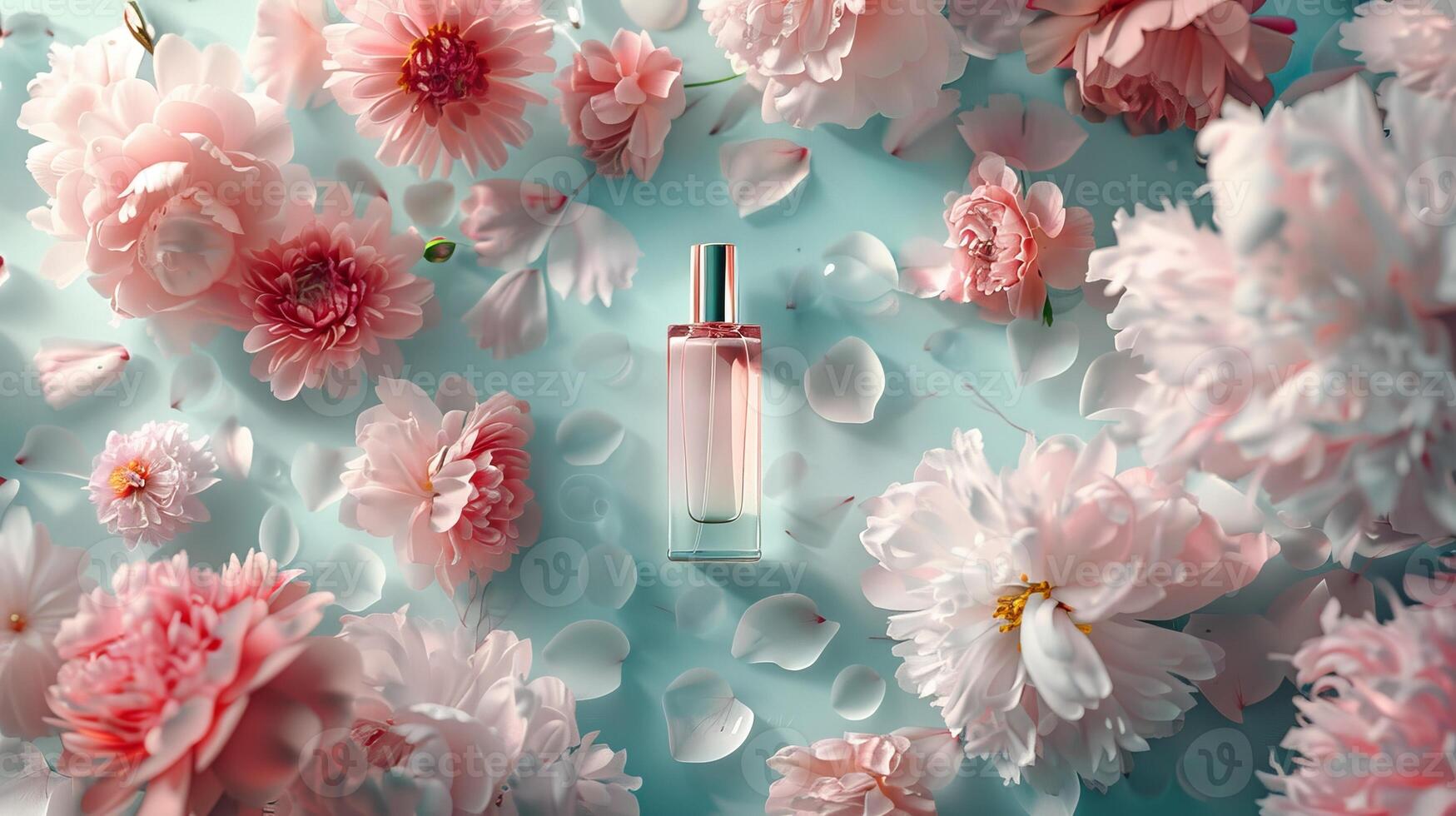 Product photography of a perfume and flowers, on a minimalist pastel background photo